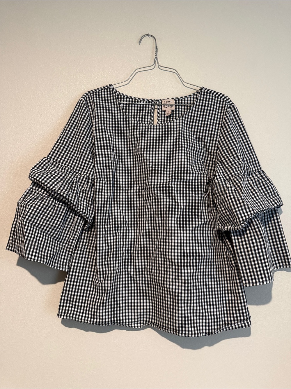 Como Vintage Black & White Gingham Ruffle-Sleeve Top